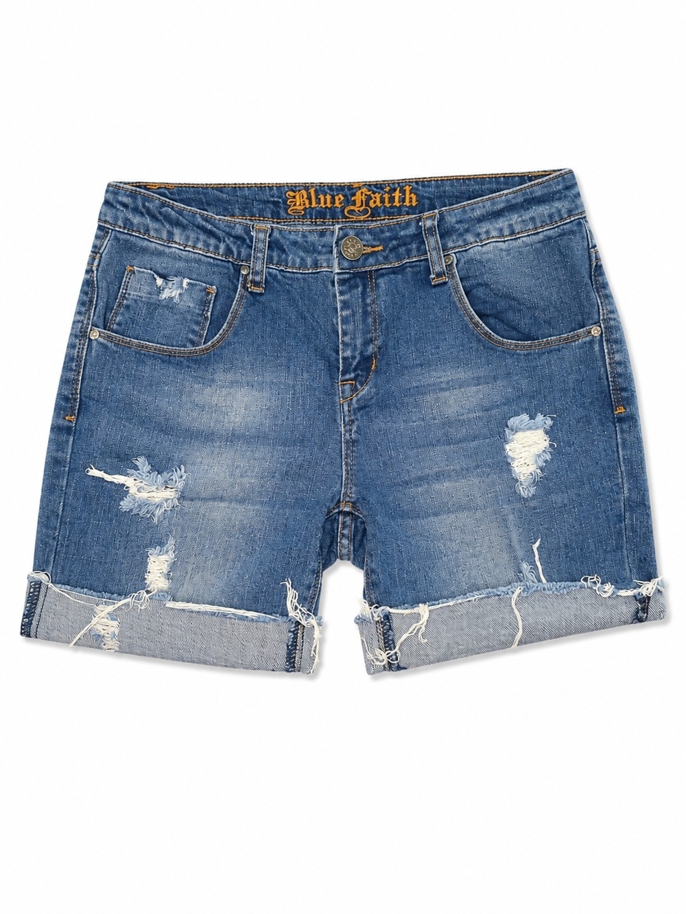 Blue Faith Distressed And Cuffed Blue Denim Shorts, Size 13/14